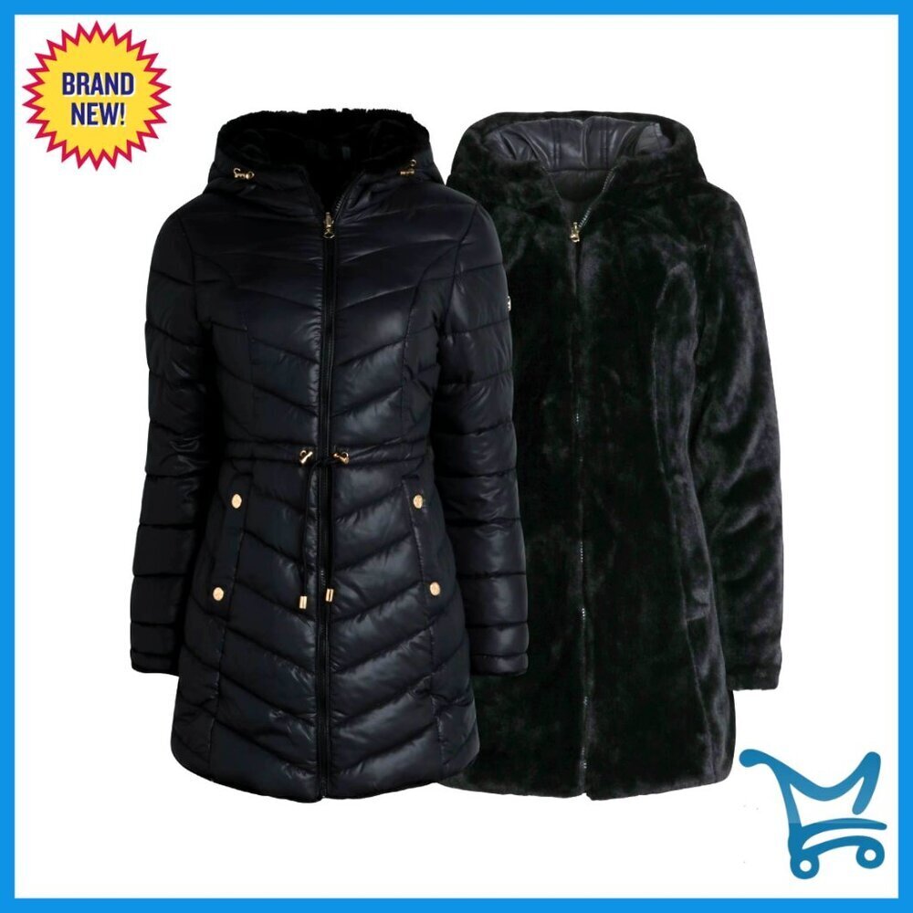 Faux Fur Lined Puffer Jacket Reversible Hooded Long Coat Winter Chic